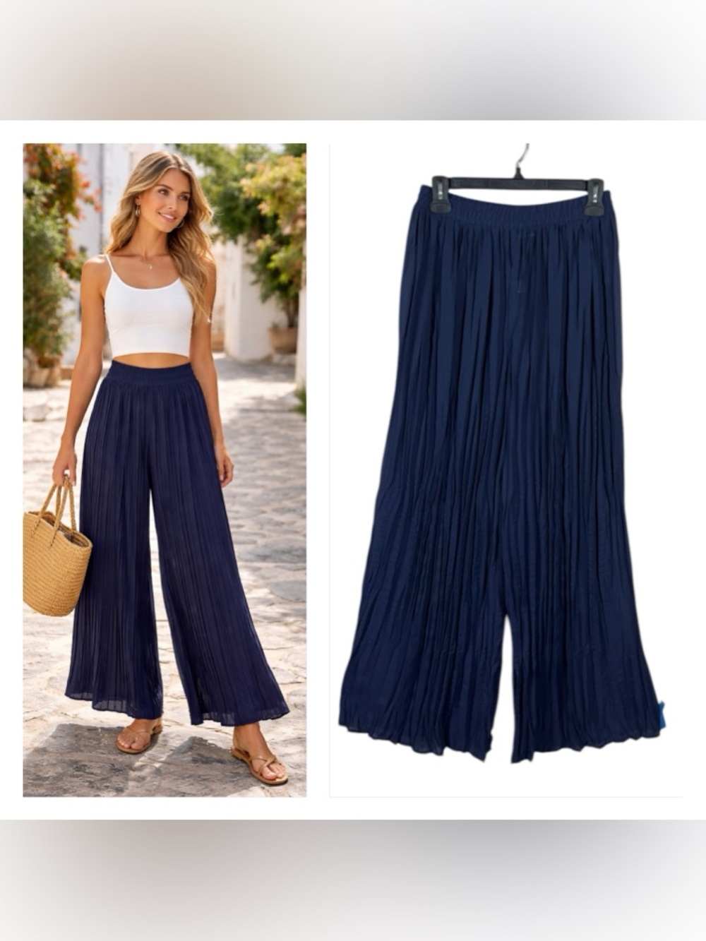 Wide Leg Pleated Travel Pants - Navy